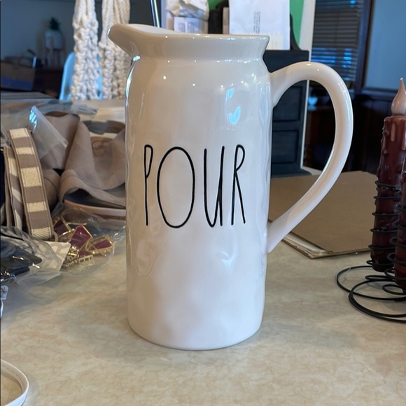 White Ceramic Pitcher with 'POUR' Text 8.5 x 7 - Picture 1 of 2